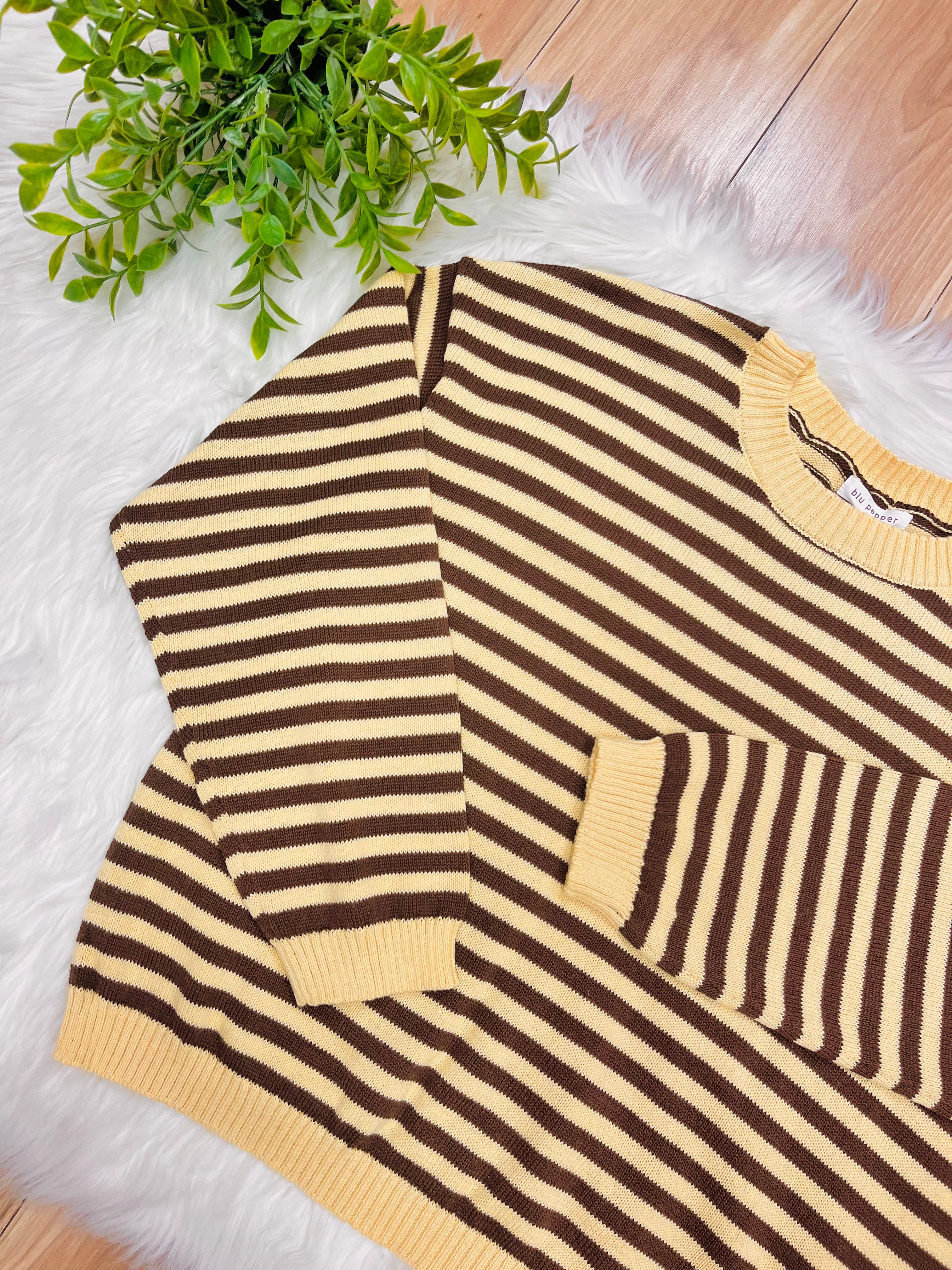 Women’s Stripe Brown & Yellow Relaxed Sweater Top by Blu Pepper- Loose Fit
