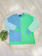 Women’s Evermmee Green & Blue Color Block Top with Gingham Print Sleeves- True to Size