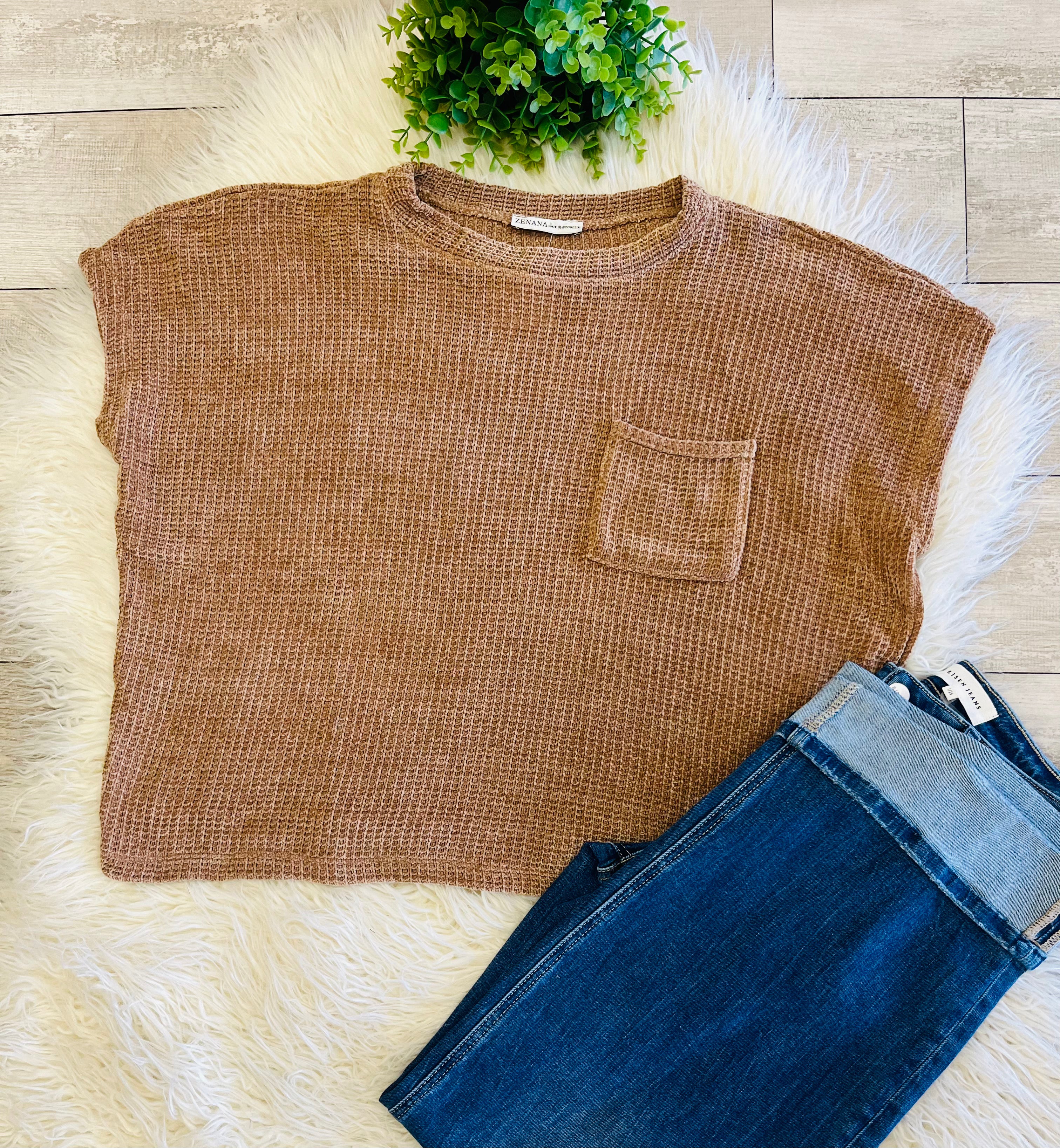 Women’s Zenana Soft Waffle Knit Pocket Top In Camel - Oversized