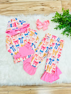Girl’s Bow Print Hooded Outfit with Pink Ruffle Trim