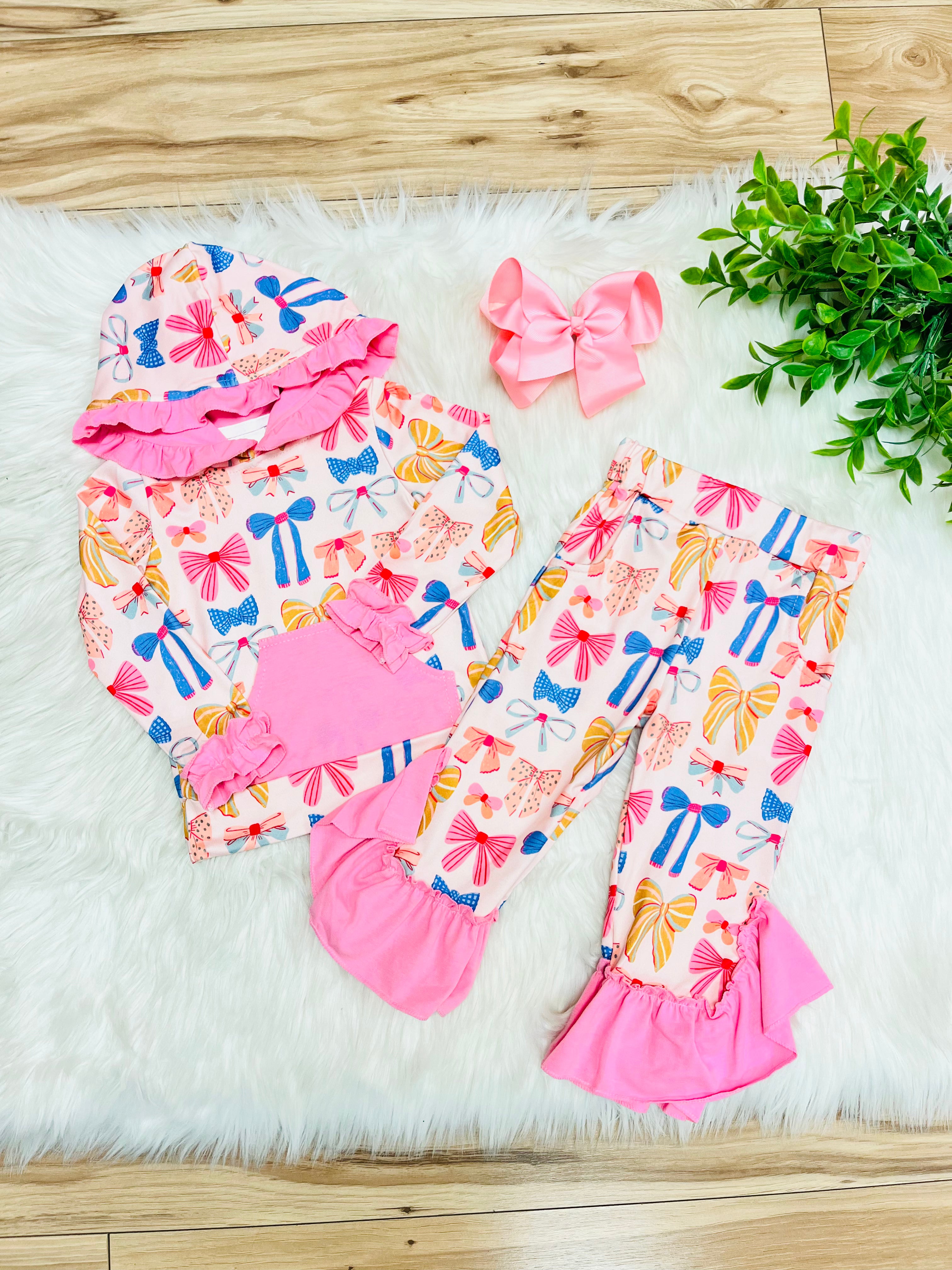 Girl’s Bow Print Hooded Outfit with Pink Ruffle Trim