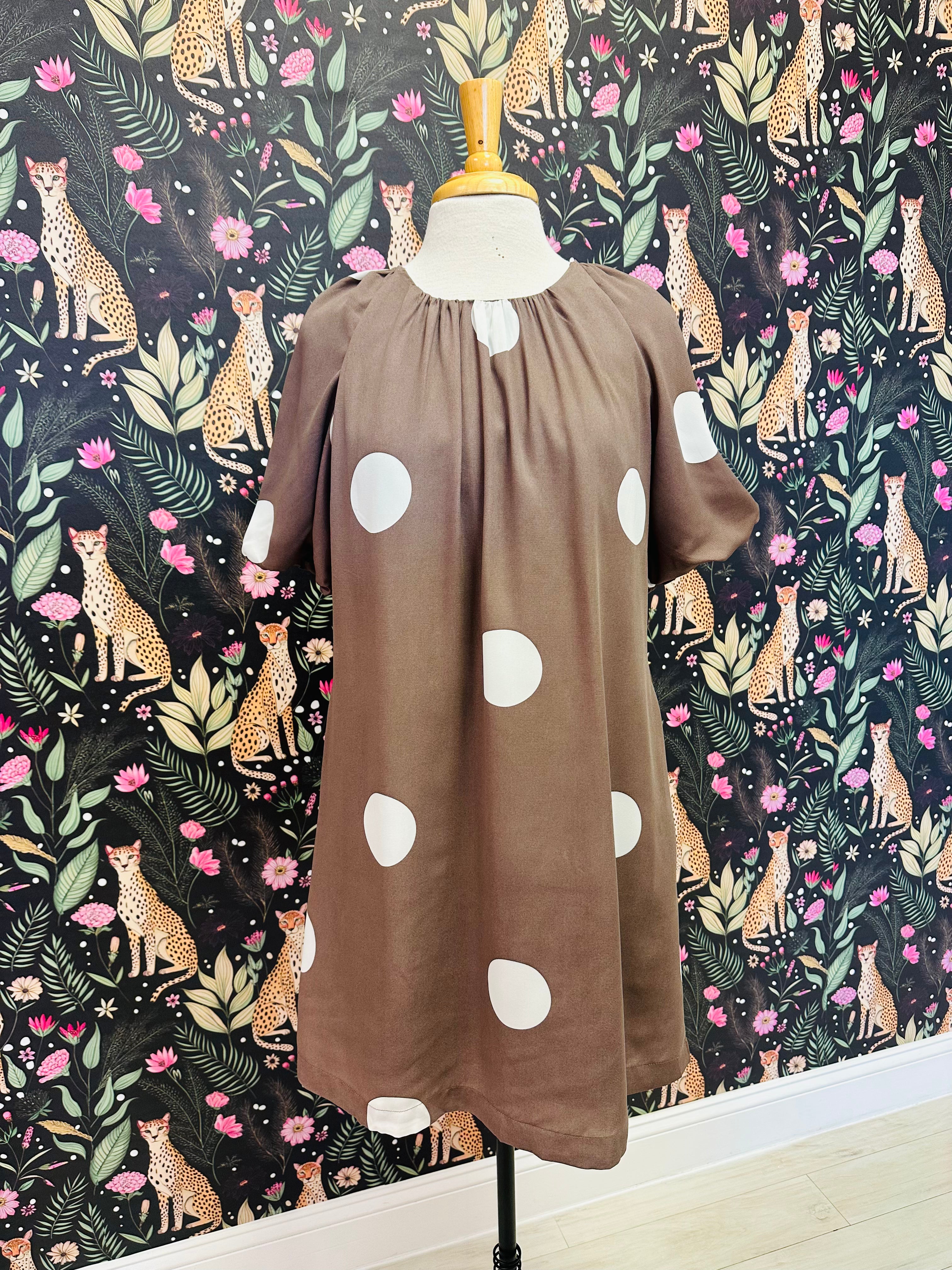 Women’s Evermmee Brown Dress with Polka Dots and Puff Sleeves