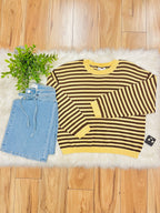 Women’s Stripe Brown & Yellow Relaxed Sweater Top by Blu Pepper- Loose Fit
