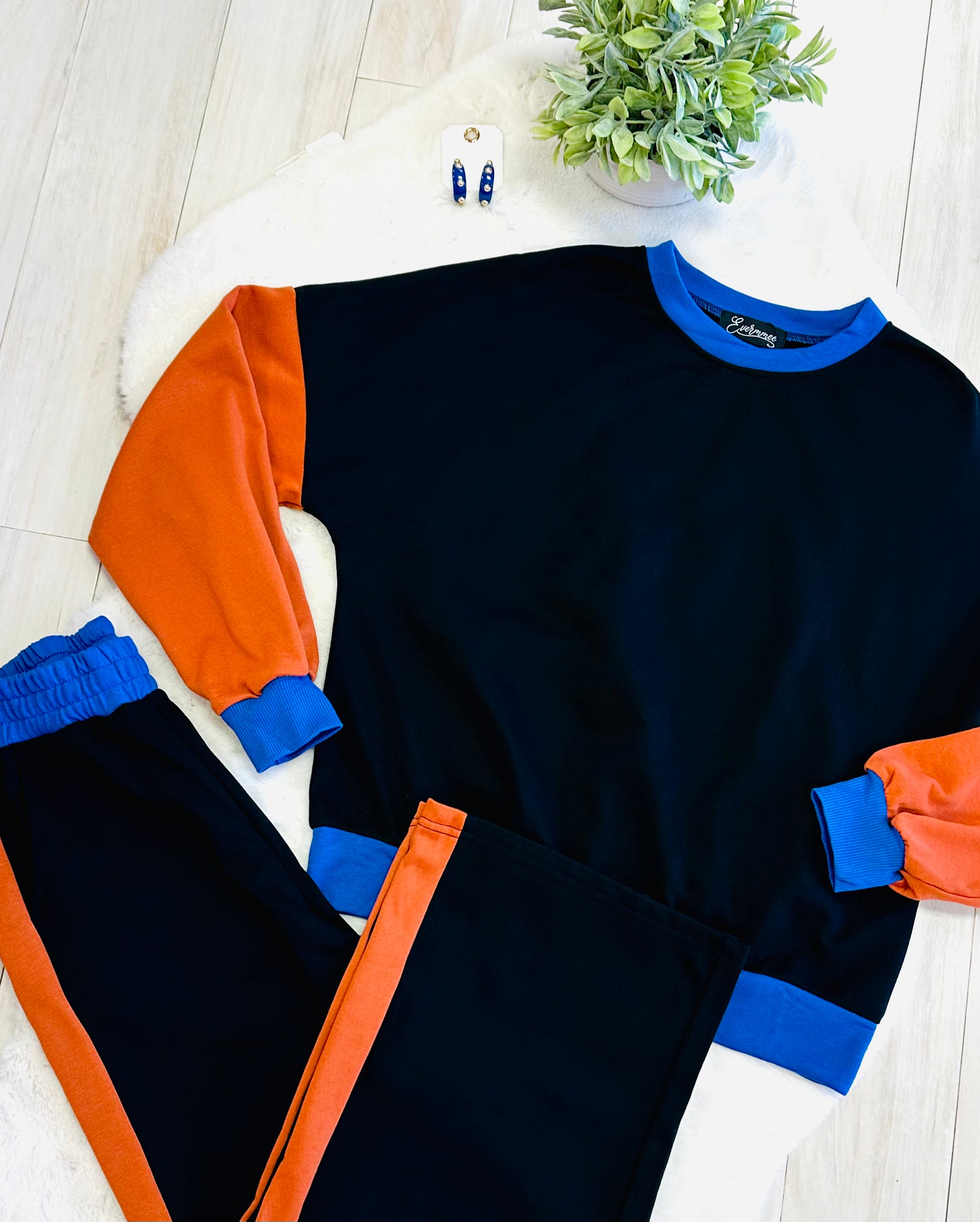 Women’s Oversized Blue & Burnt Orange Color Block Set