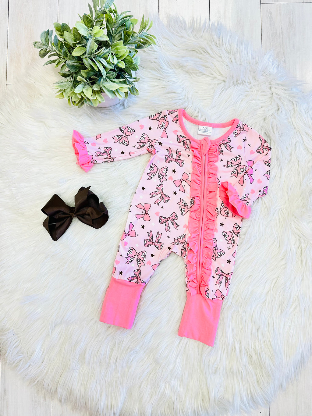 Girls Pink Bow Print Ruffle Romper