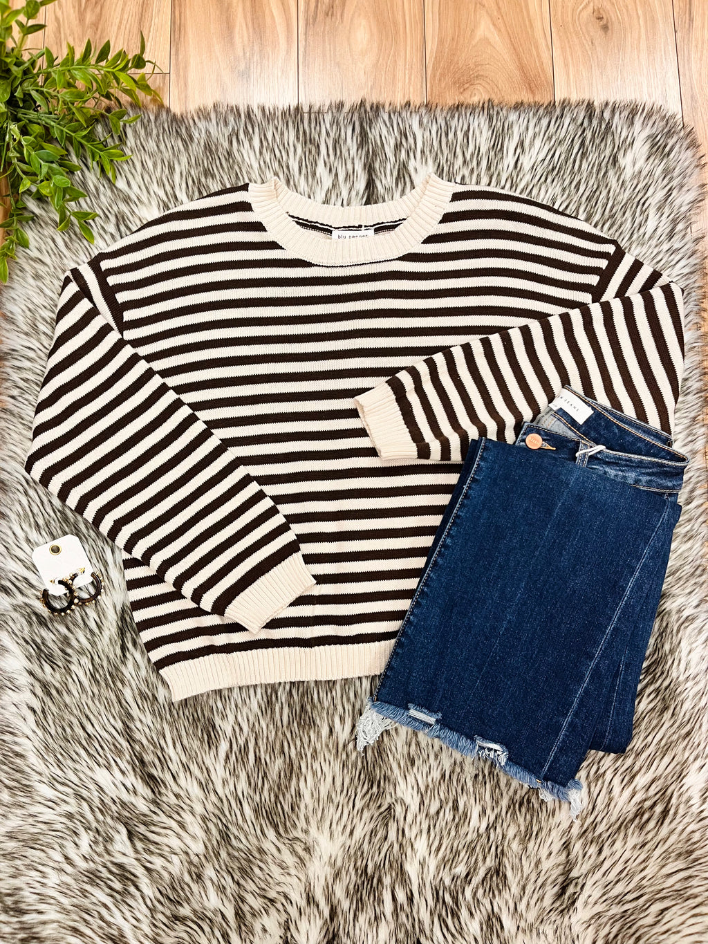 Women’s Stripe Dark Brown & Cream Relaxed Sweater Top by Blu Pepper- Loose Fit