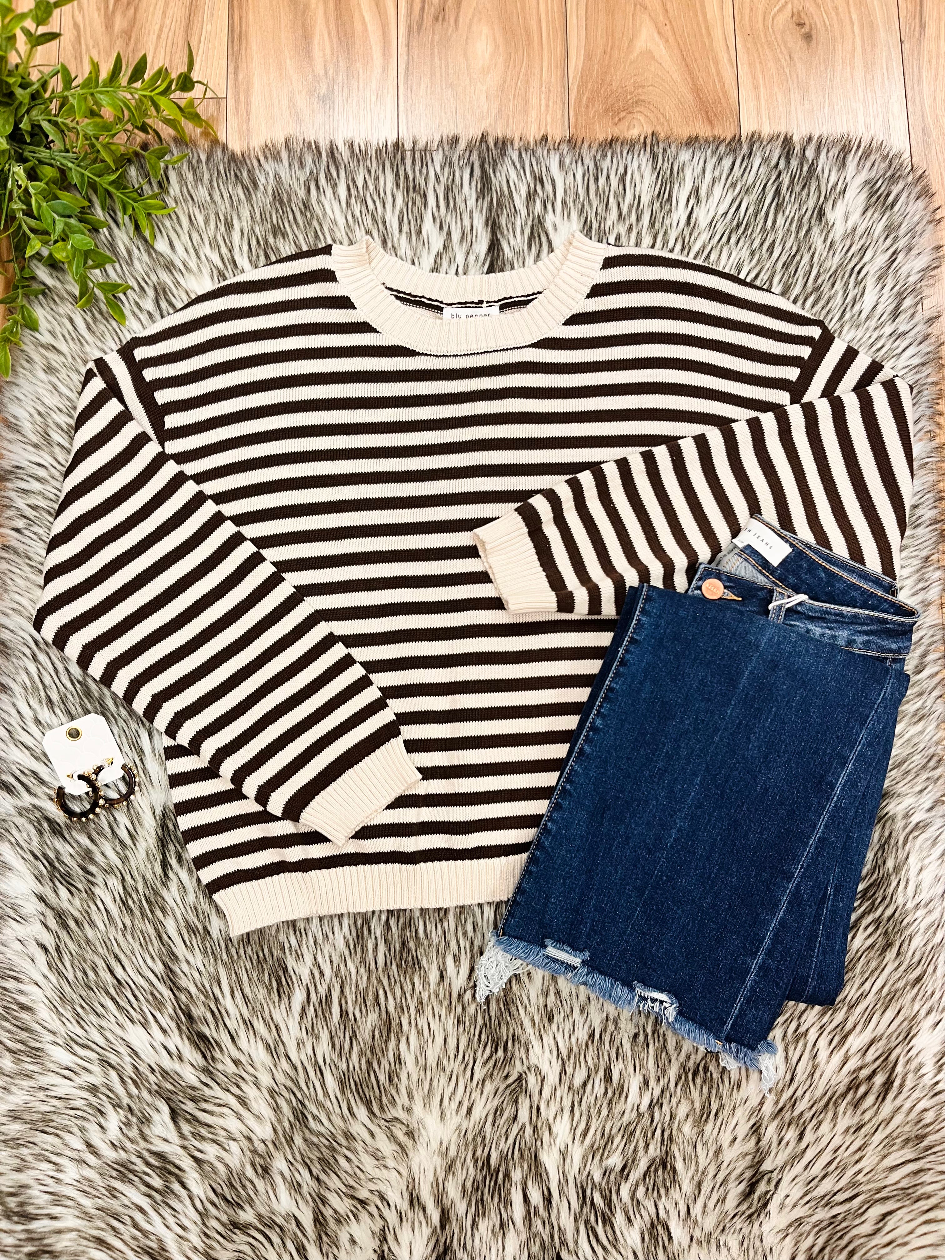 Women’s Stripe Dark Brown & Cream Relaxed Sweater Top by Blu Pepper- Loose Fit
