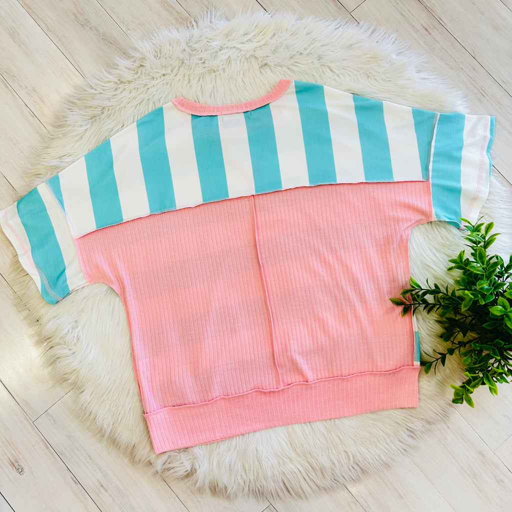 Women’s Teal Stripe Top with Pink Trim