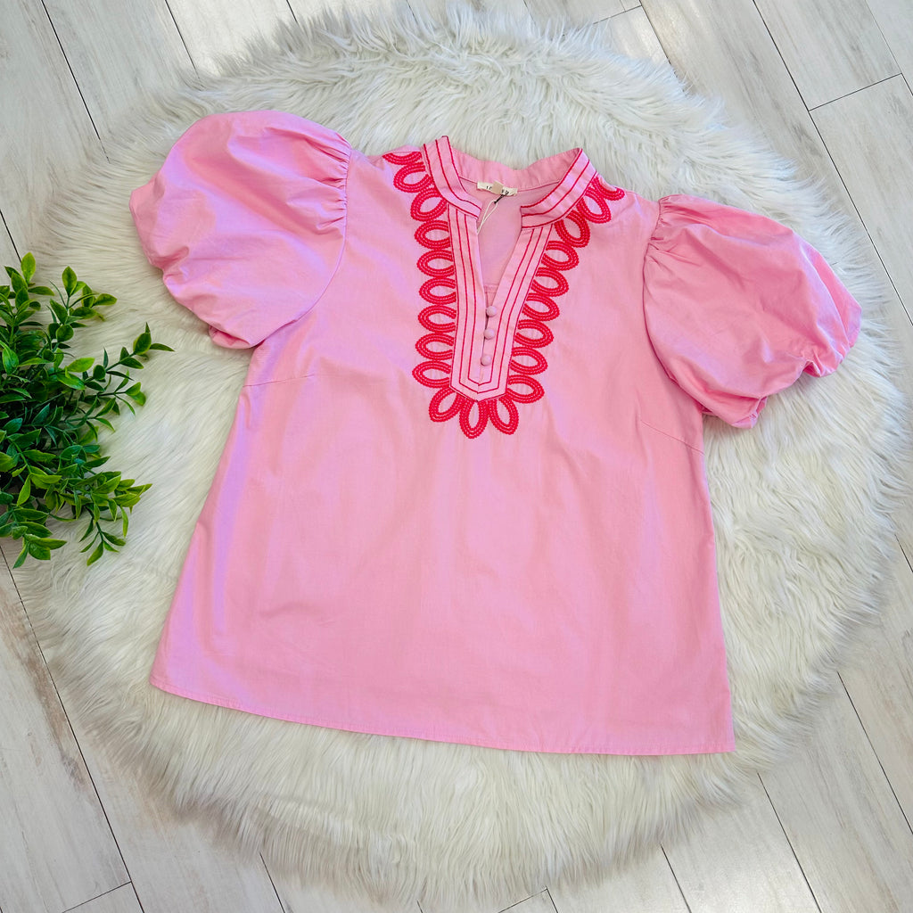 Women’s Jodifl Pink Embroidered Puff Sleeve Top