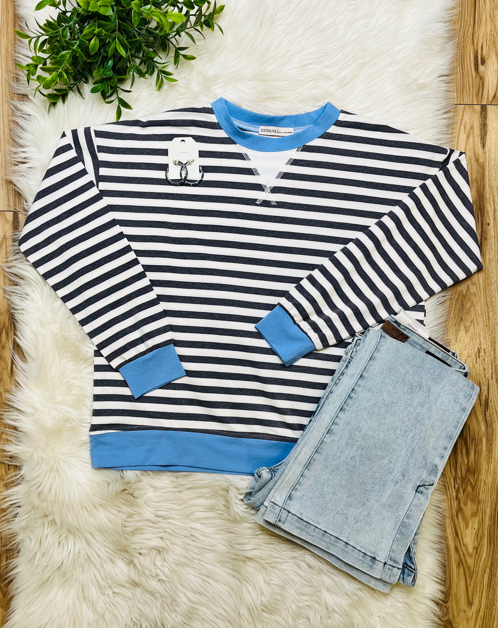 Women’s Charcoal and Cornflower Blue Stripe Top- Loose Fit