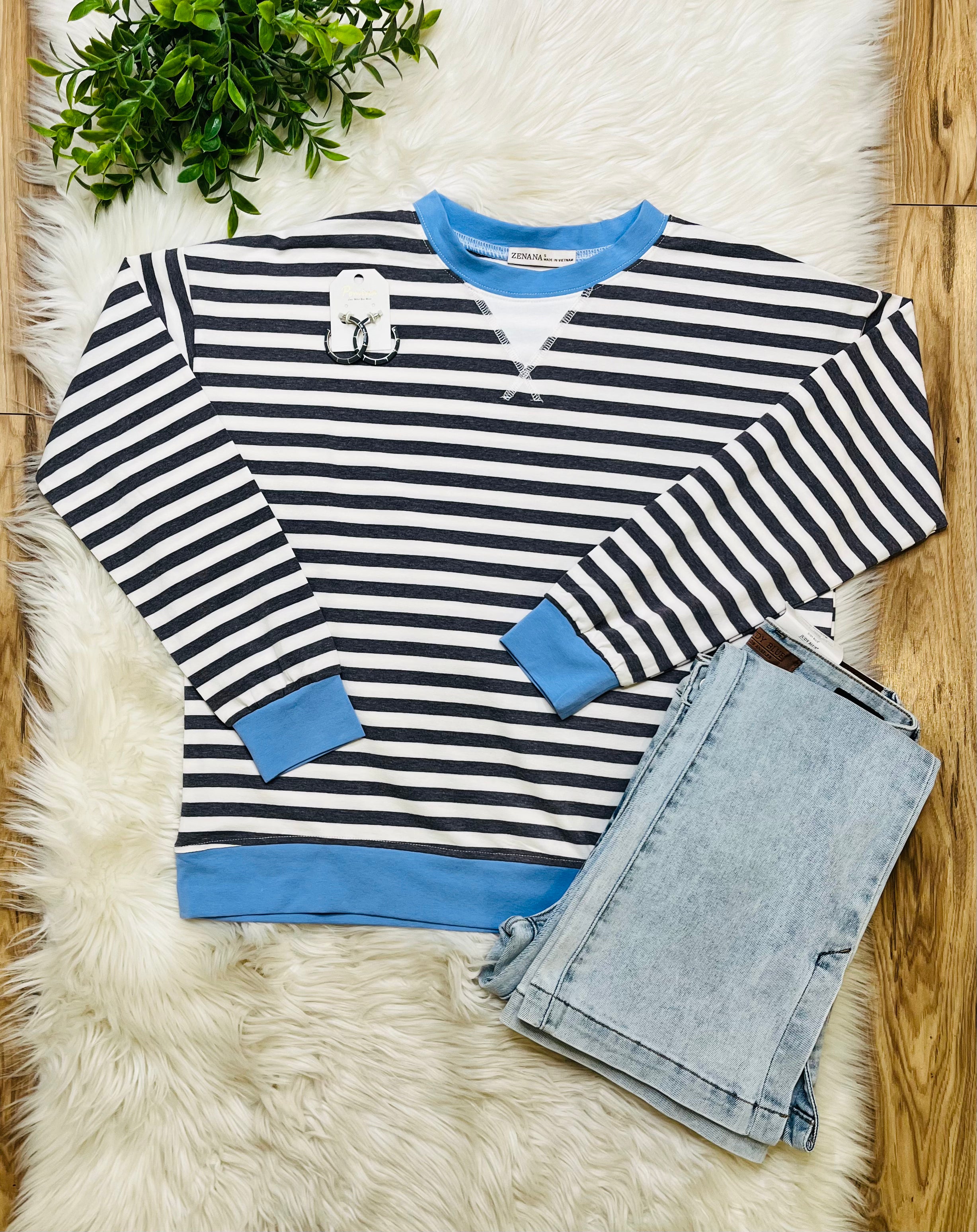 Women’s Charcoal and Cornflower Blue Stripe Top- Loose Fit