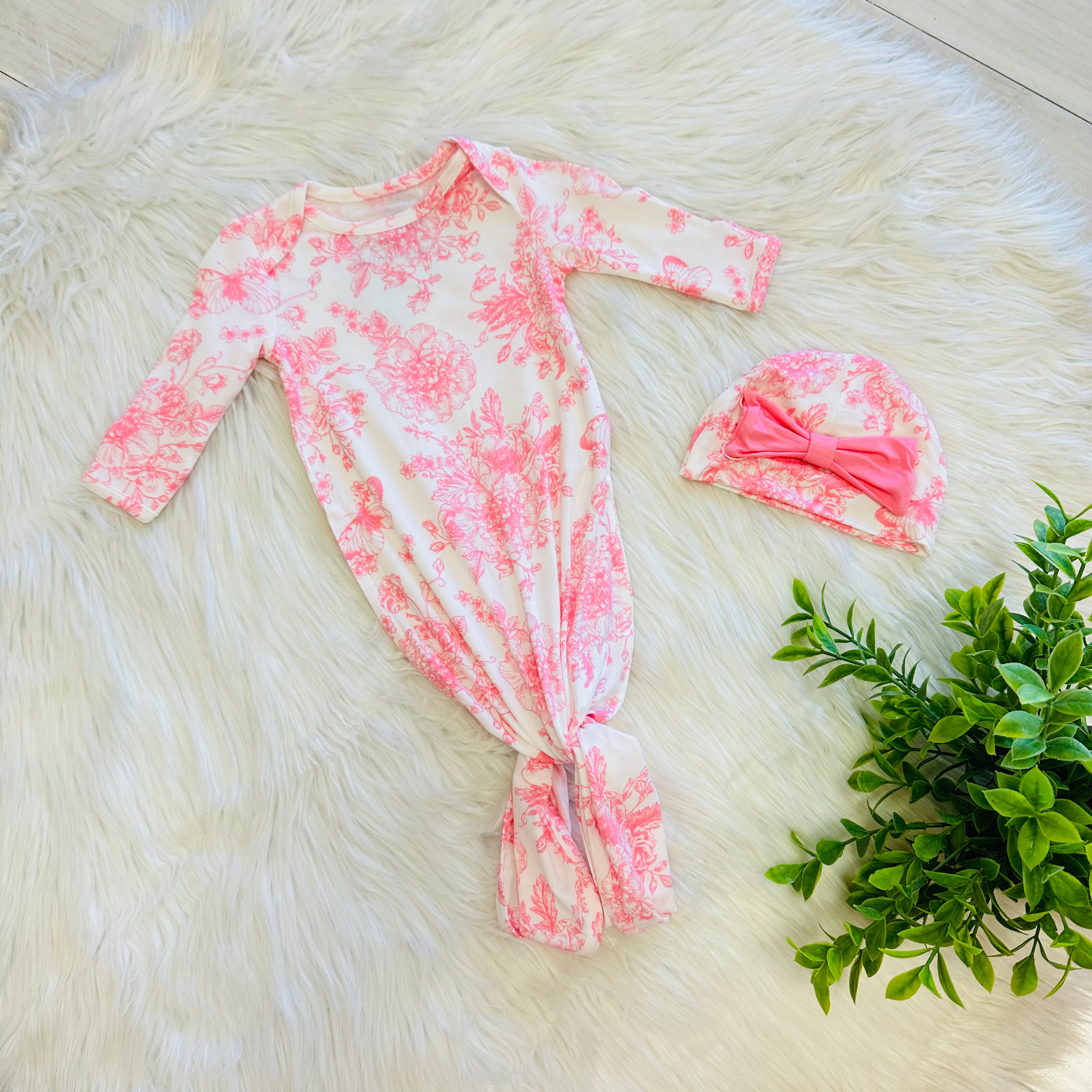 Girl’s Pink Floral Butterfly Knotted Gown and Hat Set