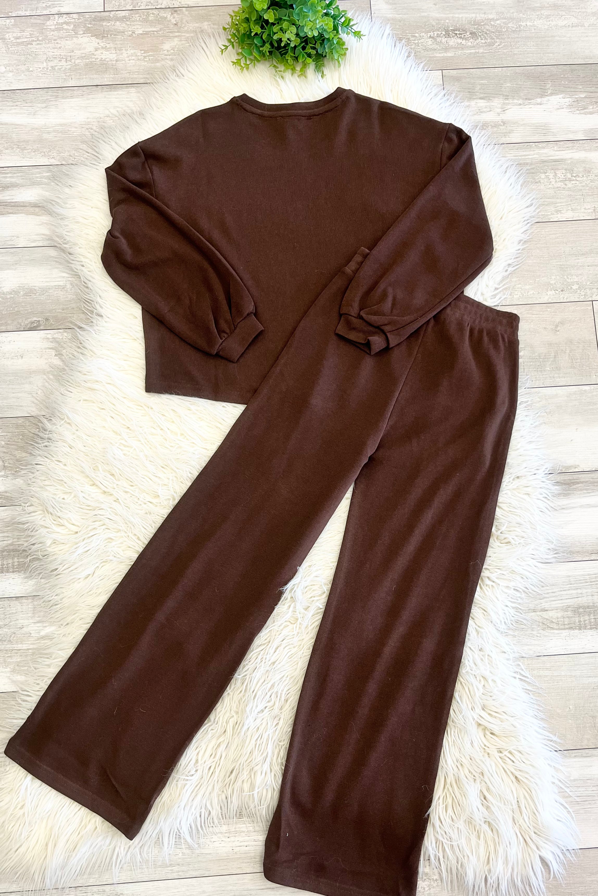 Women’s Zenana Chocolate Long Sleeve Two Piece Set - True to size