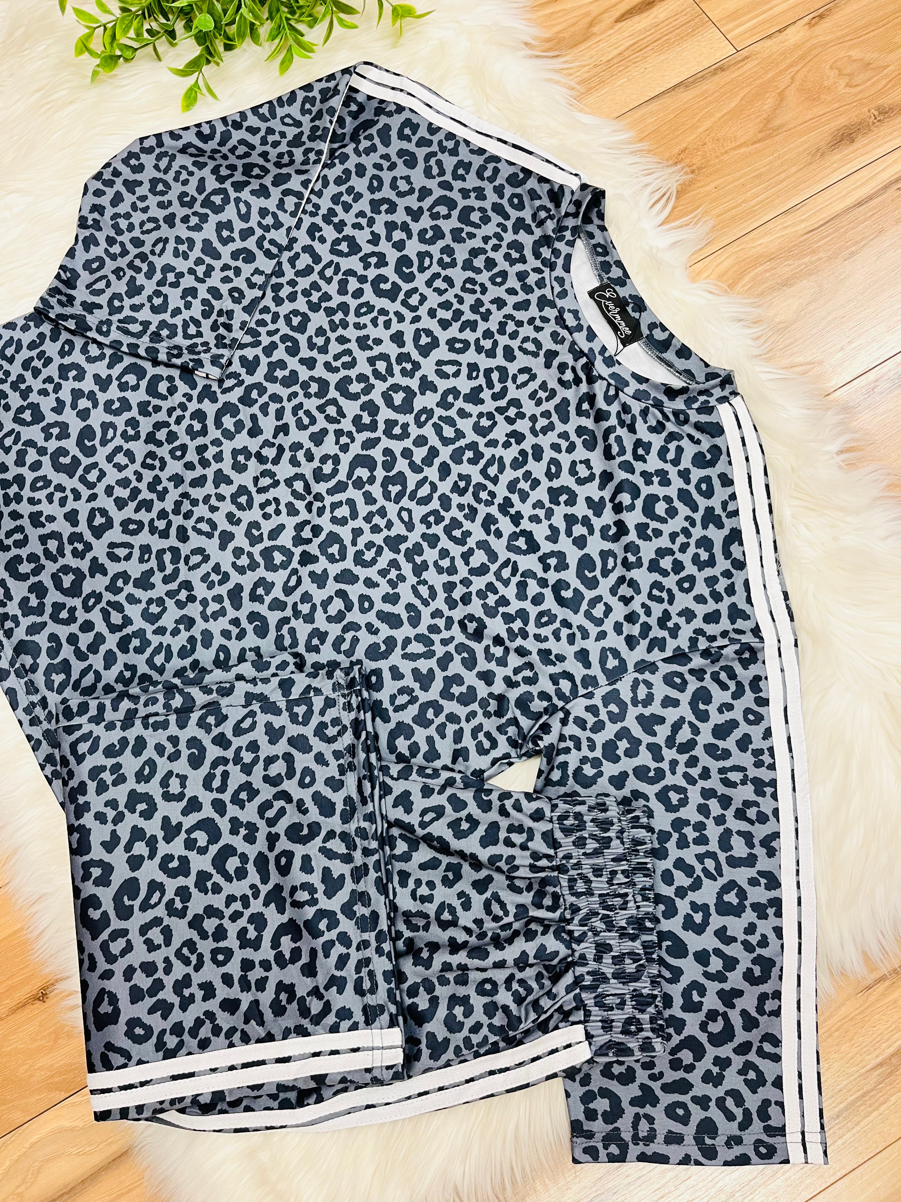 Women’s Grey and Black Leopard Pant Set with Stripe Detail- True to Size