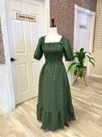 Women’s Evermmee Green Plaid Smocked Square Neck Midi Dress with Pockets - True to size