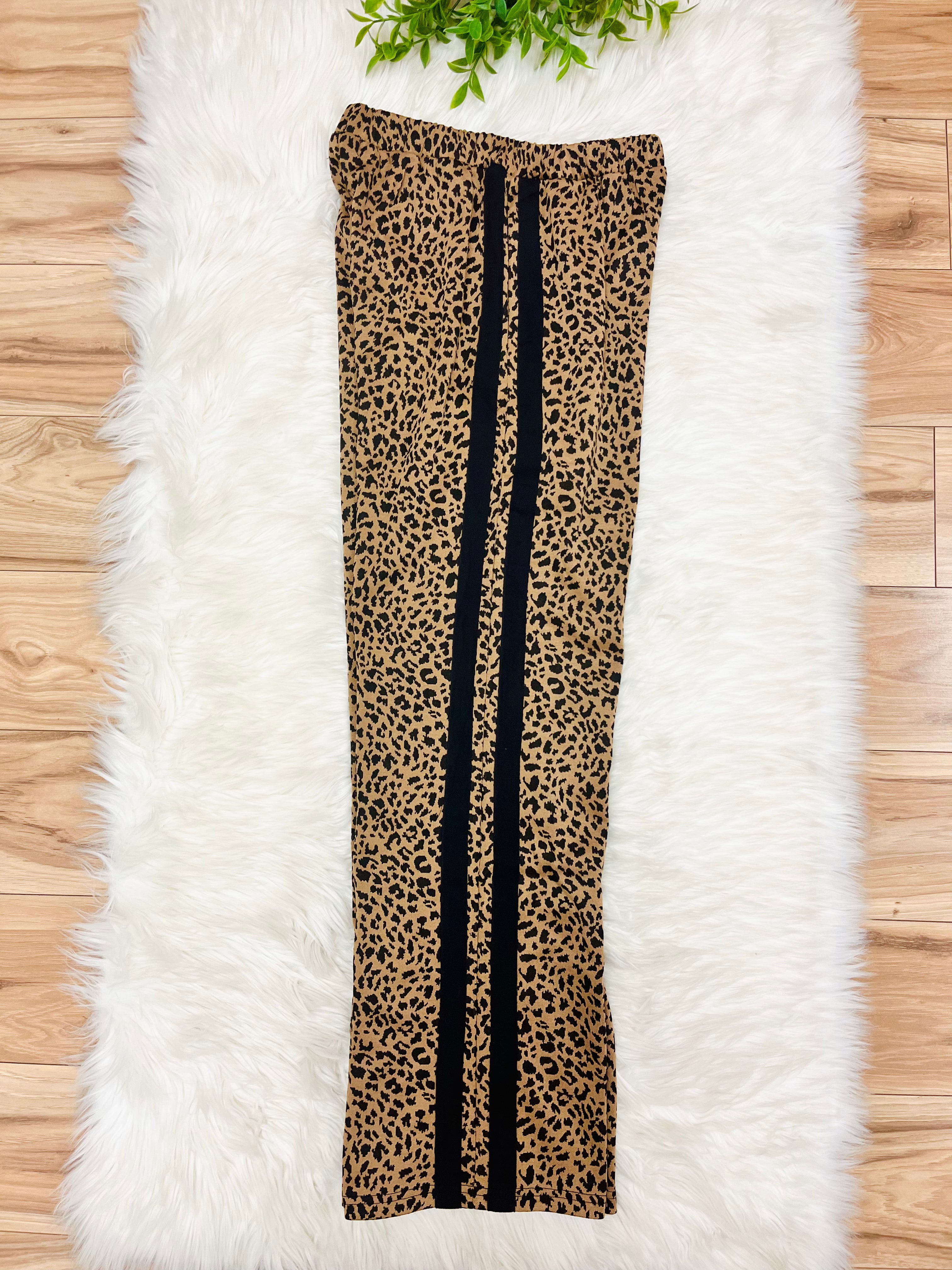Women’s Anniewear Cheetah Print Pants with Black Stripe Detail- True to Size