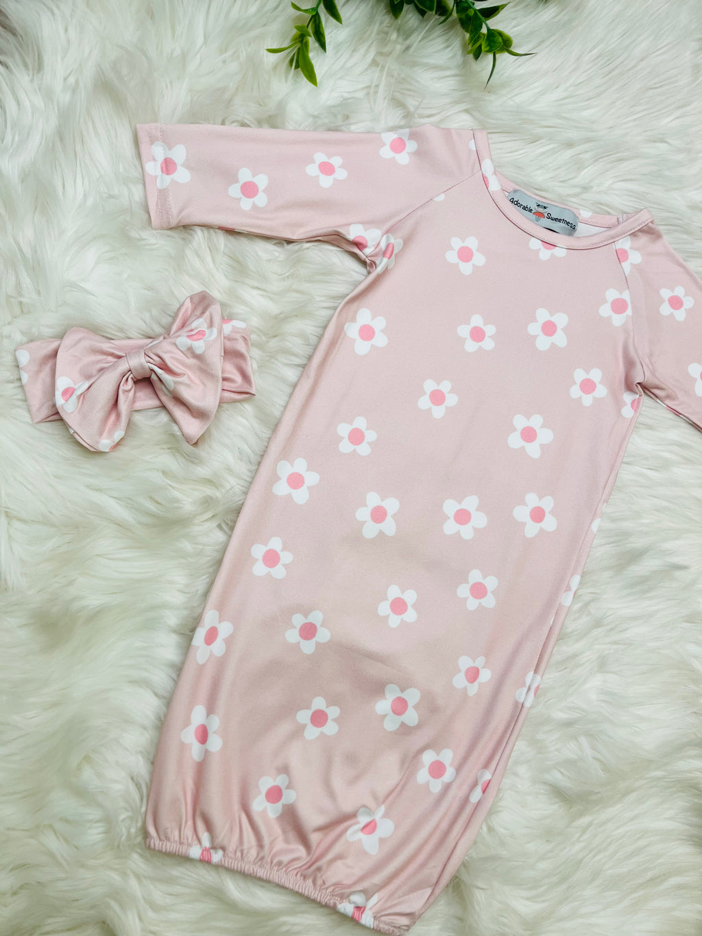 Girl’s Pink Flower Baby Gown With Headband