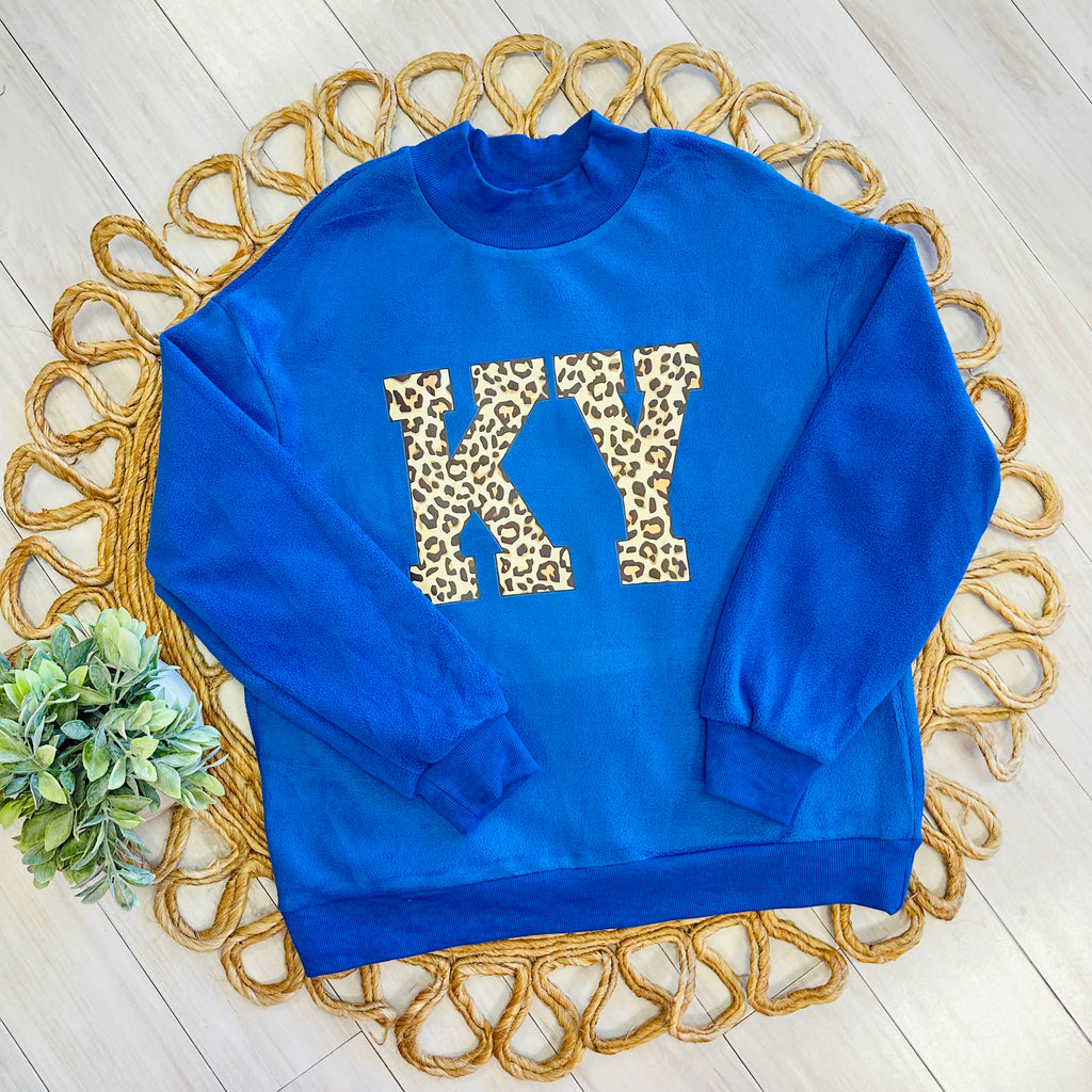 Women’s Evermmee Reversible Blue Kentucky Crewneck with Leopard Print