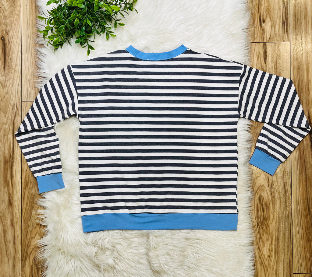 Women’s Charcoal and Cornflower Blue Stripe Top- Loose Fit
