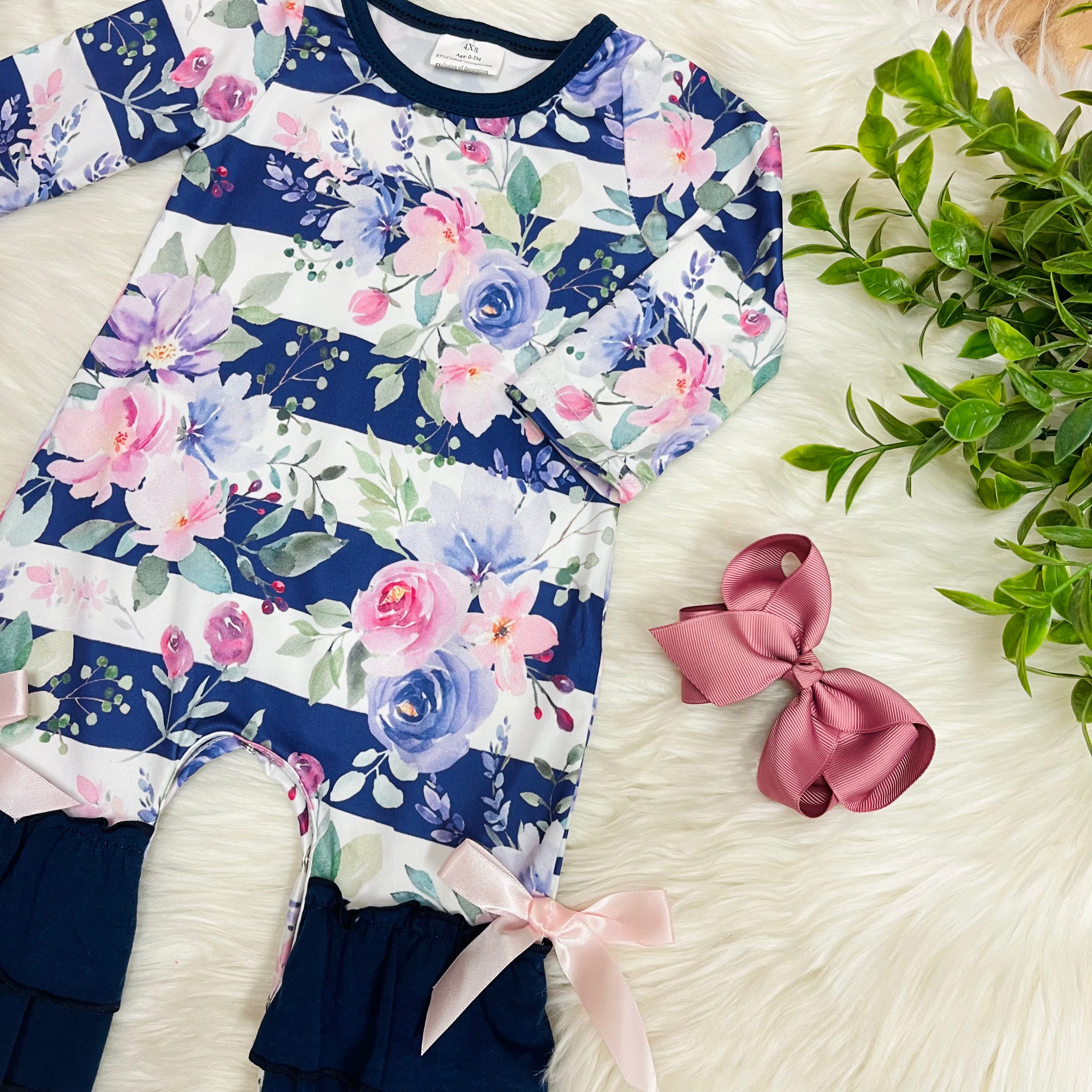 Girl’s Purple and Navy Floral Print Romper