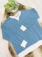 Women’s Zenana Dusty Blue Striped Long Sleeve Top with White Trim- True to Size