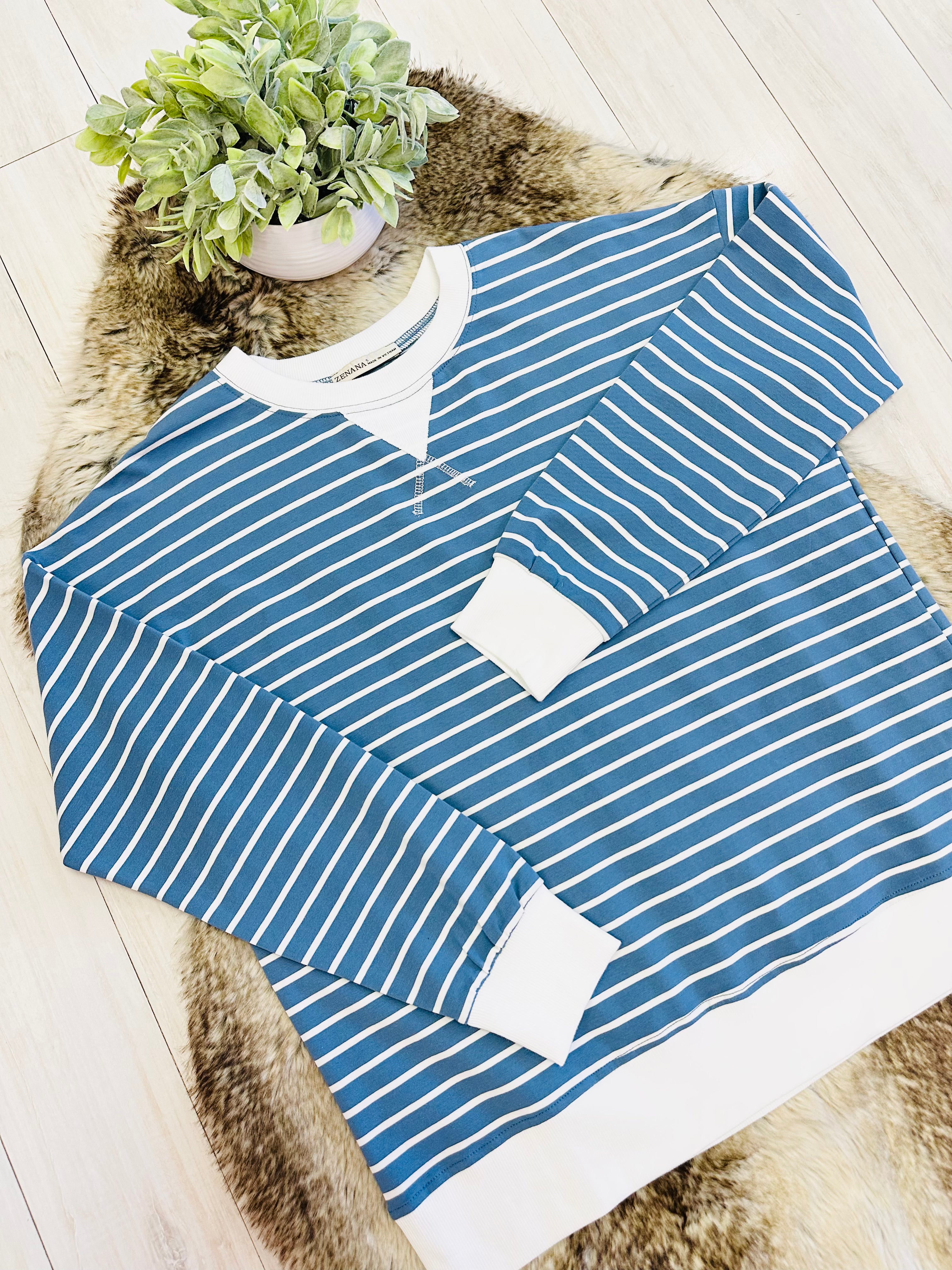 Women’s Zenana Dusty Blue Striped Long Sleeve Top with White Trim- True to Size