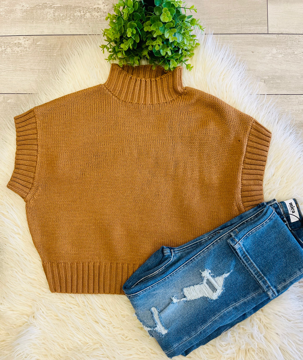 Women’s Brown Sleeveless Knit Mock Neck Blouse - True to Size