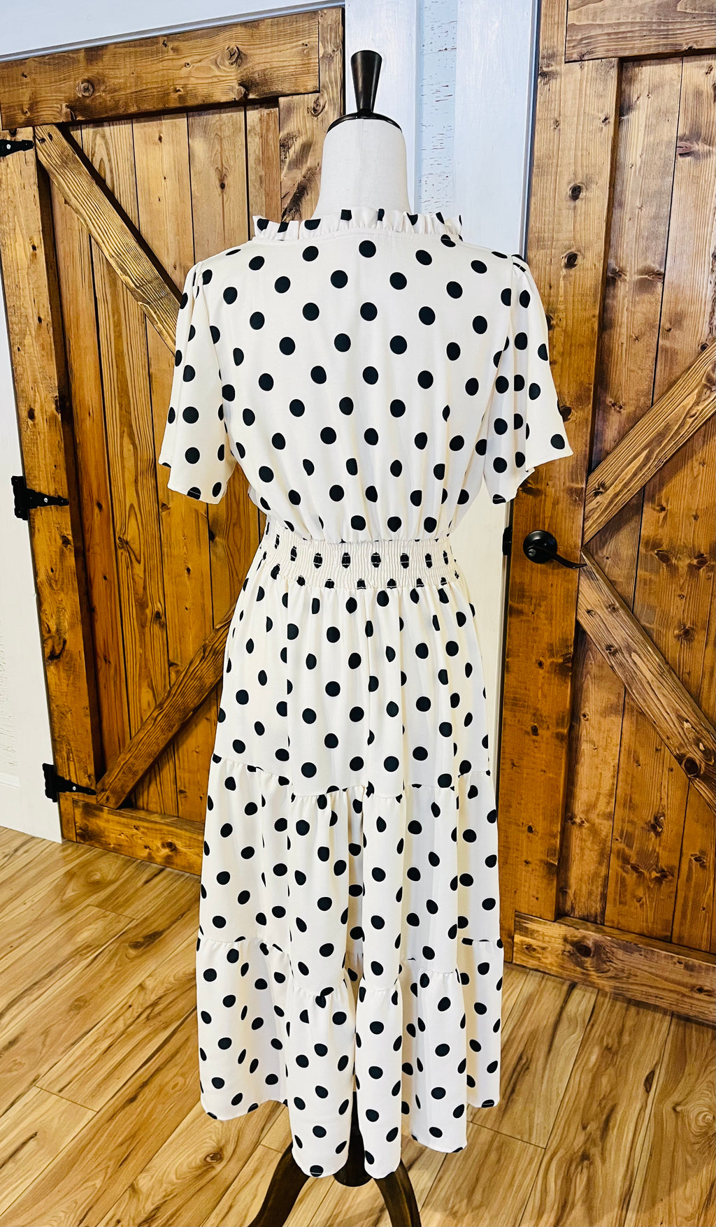 Women’s Haptics Regular and Curvy Ivory Dress with Black Polka Dots and Smocked Waist