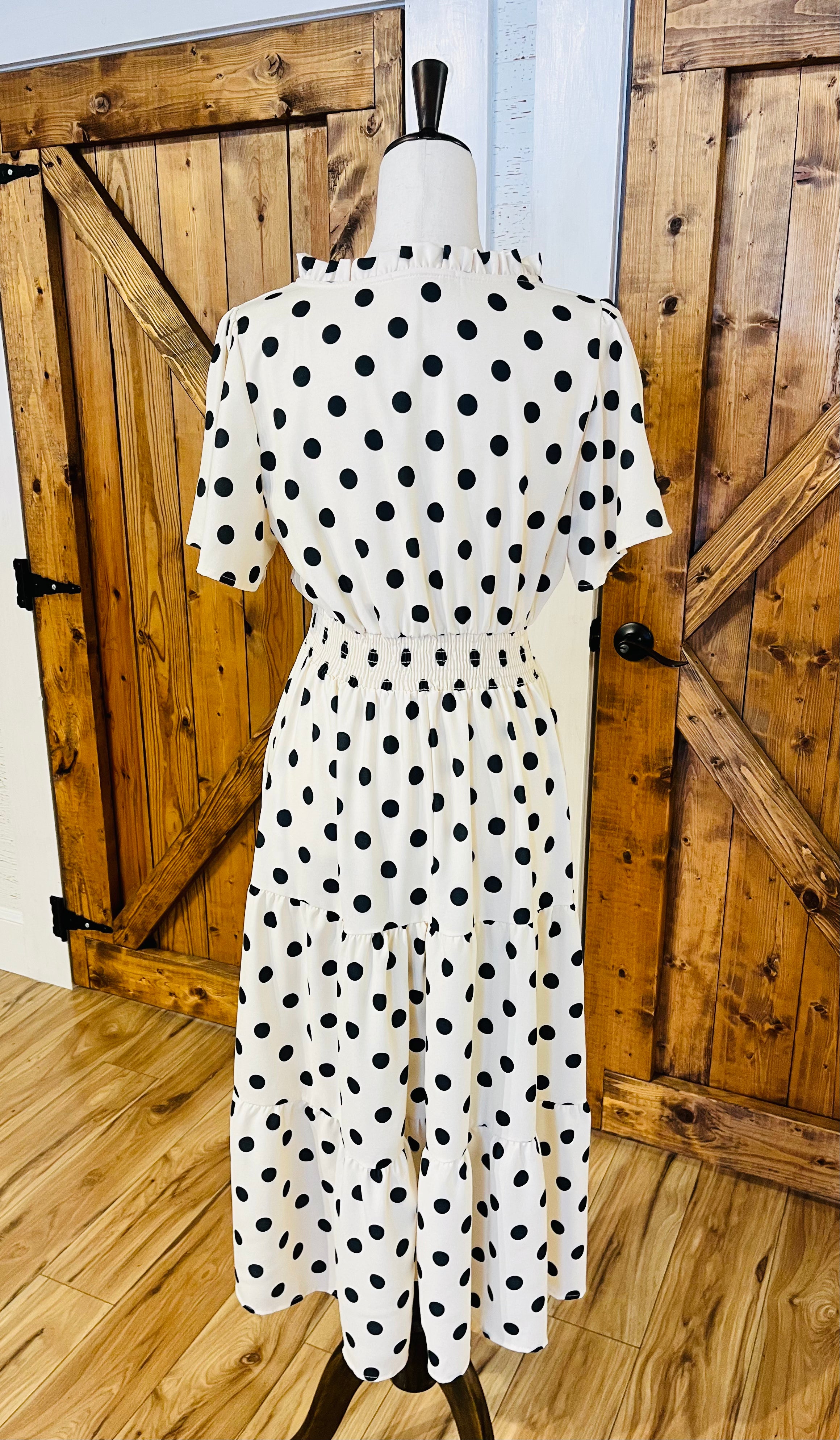 Women’s Haptics Regular and Curvy Ivory Dress with Black Polka Dots and Smocked Waist