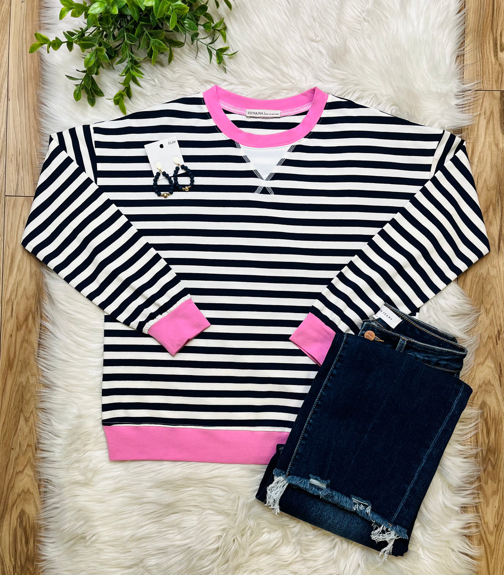 Women’s Navy and Candy Pink Stripe Top- Loose Fit