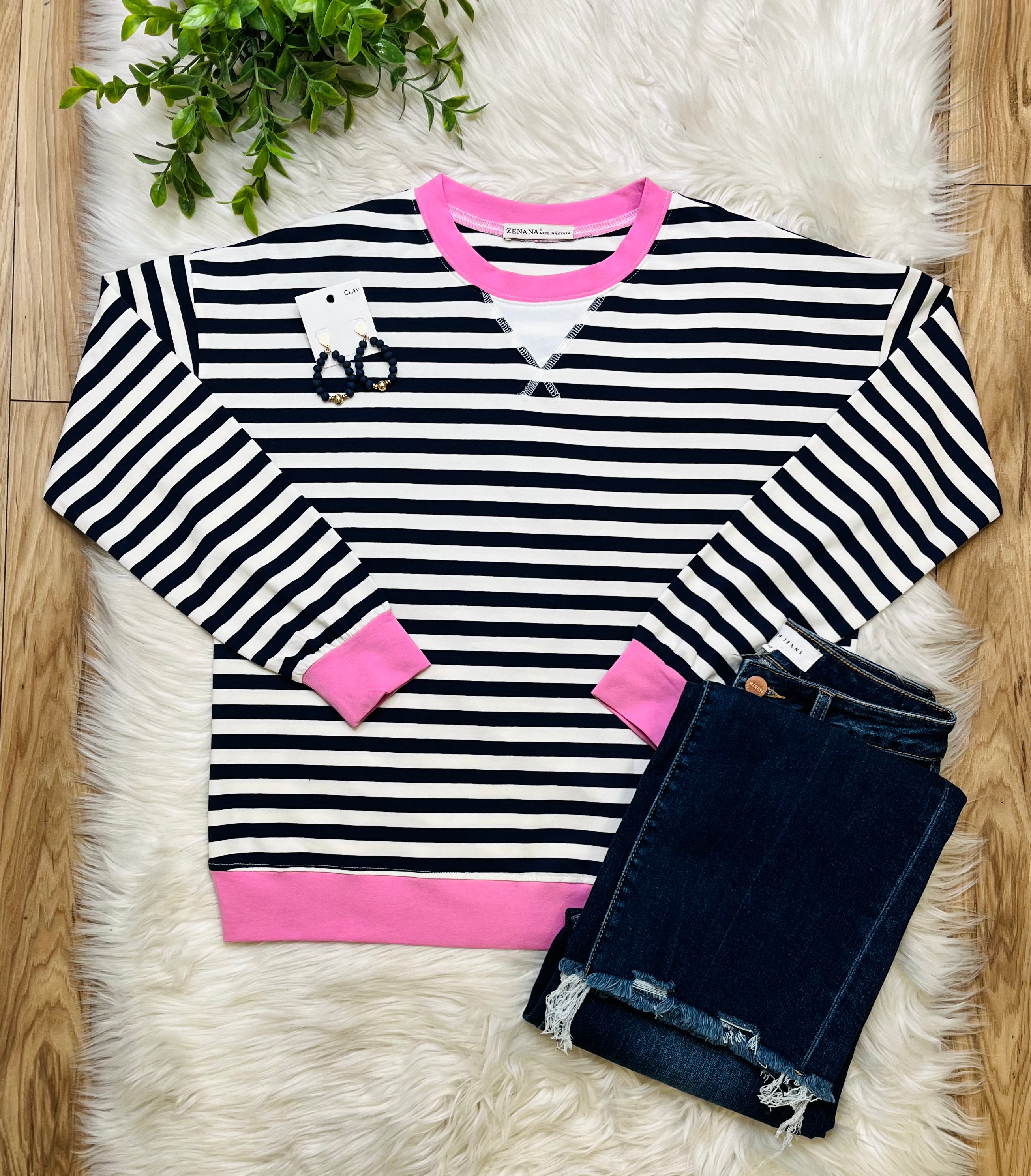 Women’s Navy and Candy Pink Stripe Top- Loose Fit