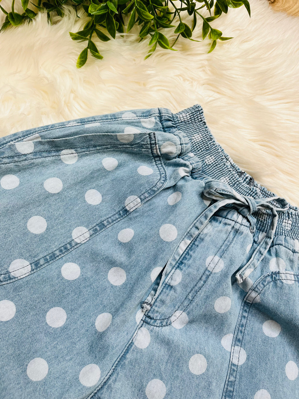 Women’s Relaxed Wide Leg Soft Polka Dot Chambray Denim Drawstring Pants