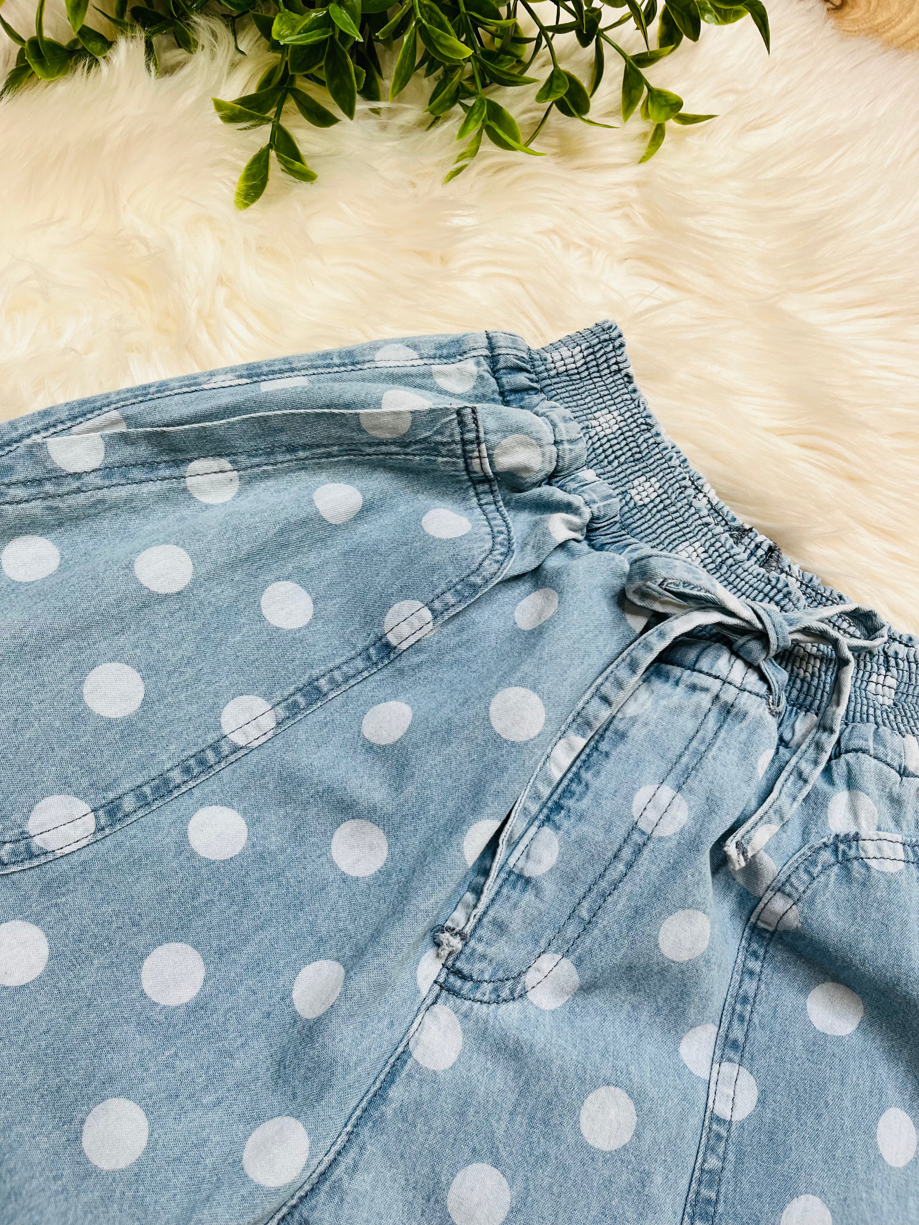 Women’s Relaxed Wide Leg Soft Polka Dot Chambray Denim Drawstring Pants