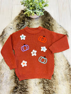 Girl’s Burnt Orange Fall Knit Sweater Top with Pumpkin and Flower Details
