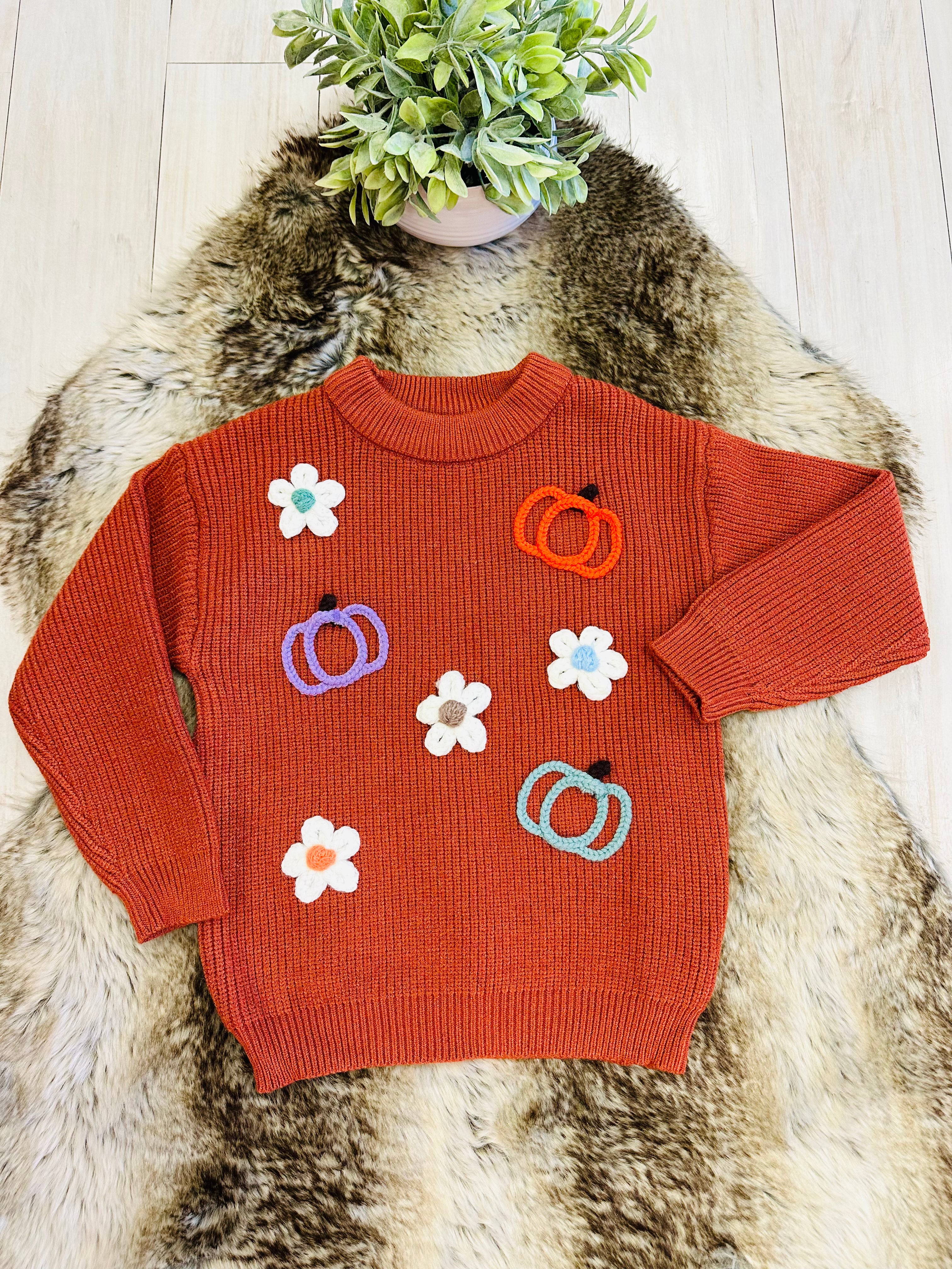 Girl’s Burnt Orange Fall Knit Sweater Top with Pumpkin and Flower Details