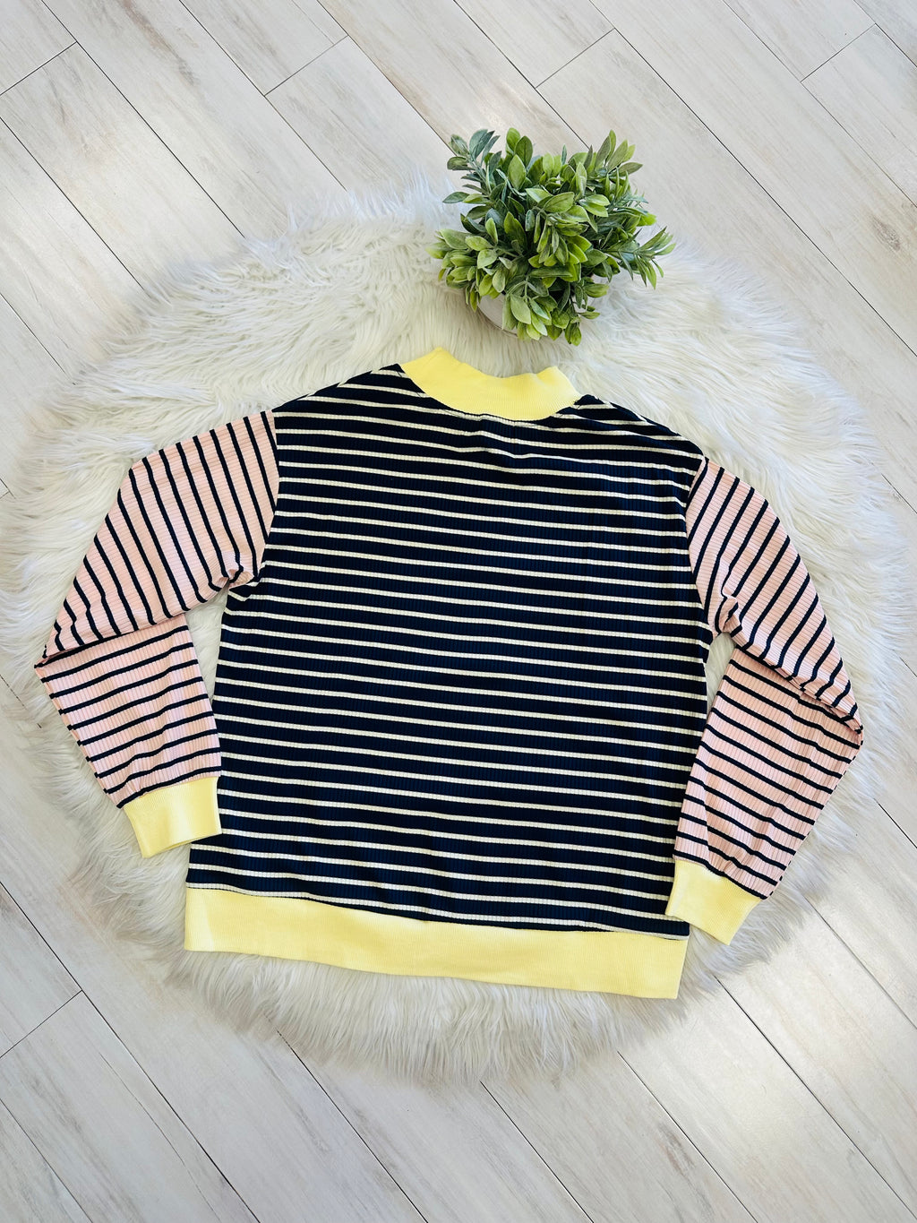 Women’s Navy Stripe Top with Yellow Trim and Peachy Pink Sleeves