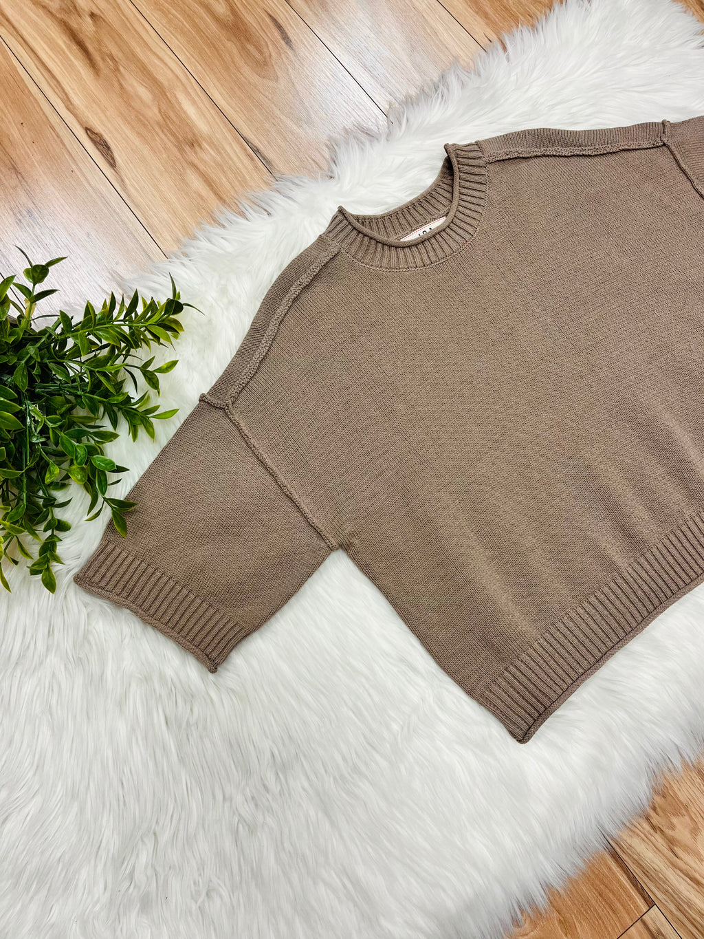 Women’s Taupe Exposed Seam Drop Shoulder Sweater Top by Blu Pepper- True to Size