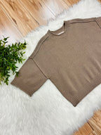 Women’s Taupe Exposed Seam Drop Shoulder Sweater Top by Blu Pepper- True to Size