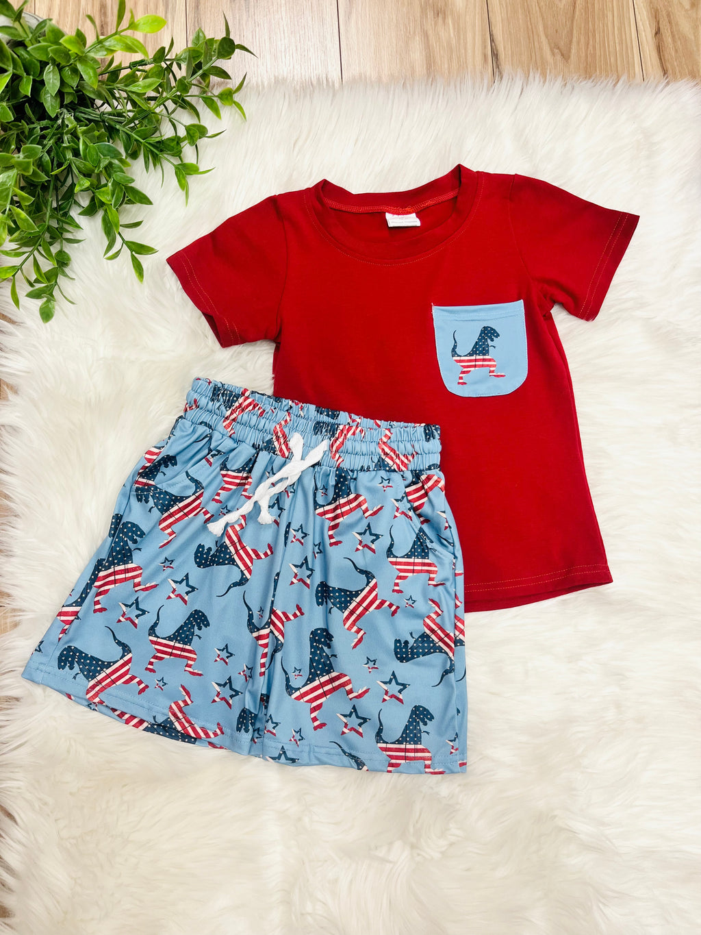 Boy’s American Flag Dinosaur Short Set