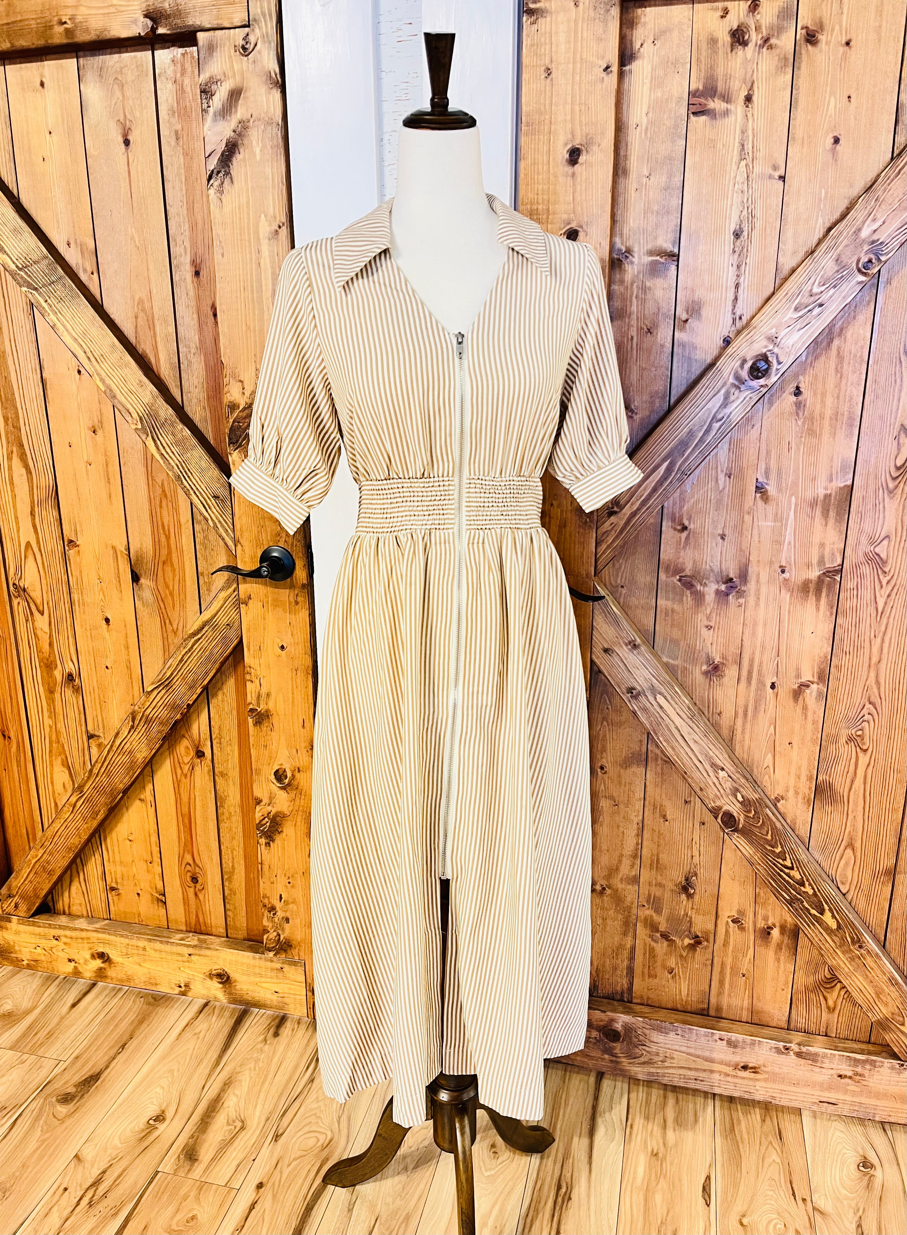 Women’s Umgee Latte Striped Midi Dress with Front Zipper- True to Size