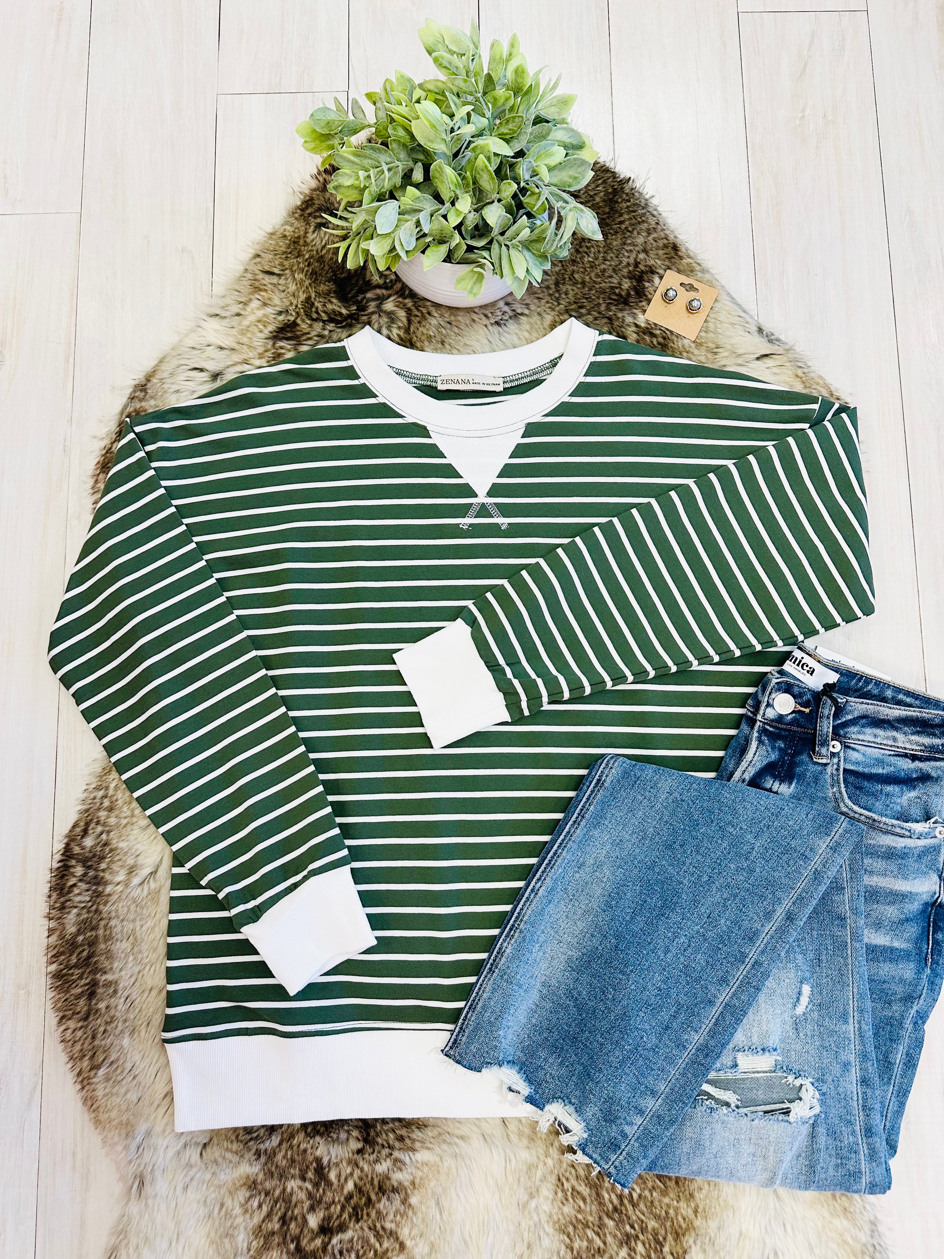 Women’s Zenana Olive Green Striped Long Sleeve Top with White Trim- True to Size