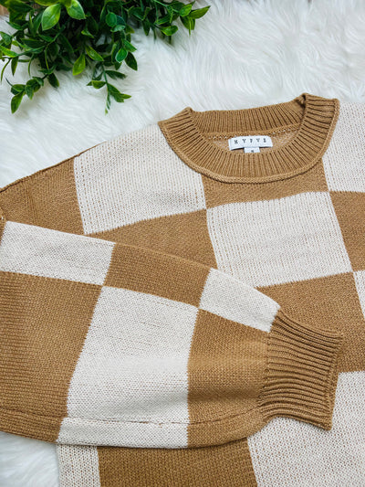 Womens Beige Checkered Sweater