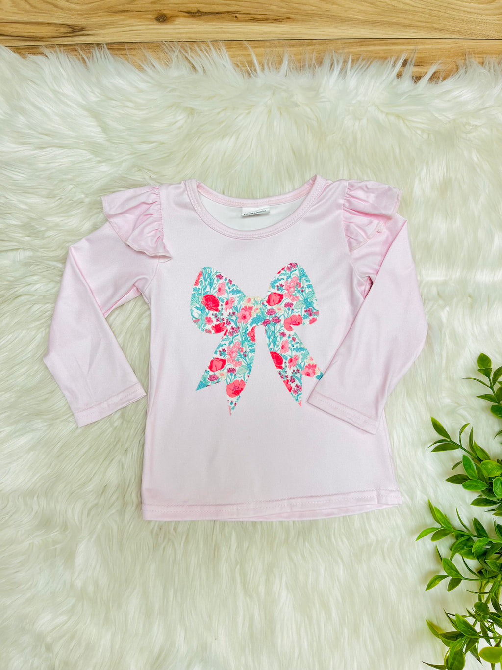 Girl’s Light Pink & Teal Floral Bow Long Sleeve Skirt Outfit