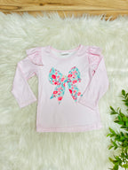 Girl’s Light Pink & Teal Floral Bow Long Sleeve Skirt Outfit