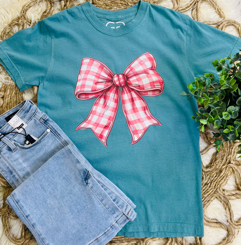 Golden Girls Turquoise Checkered Bow Tee