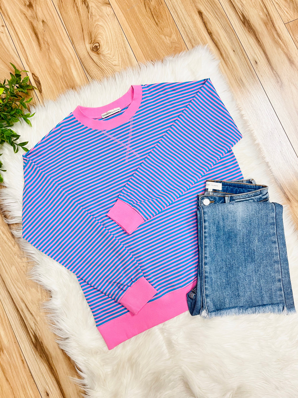 Women’s Zenana Aqua Blue and Pink Stripe Long Sleeve Top