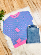 Women’s Zenana Aqua Blue and Pink Stripe Long Sleeve Top