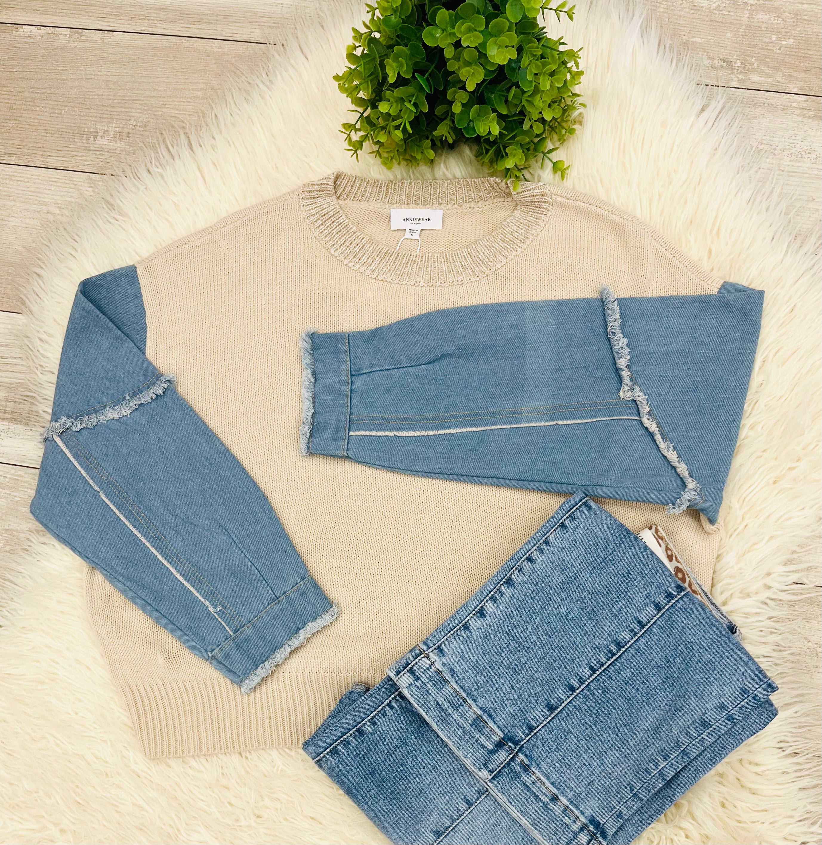 Women’s Anniewear Denim Sleeve Contrast Distressed Sweater Top - True to Size