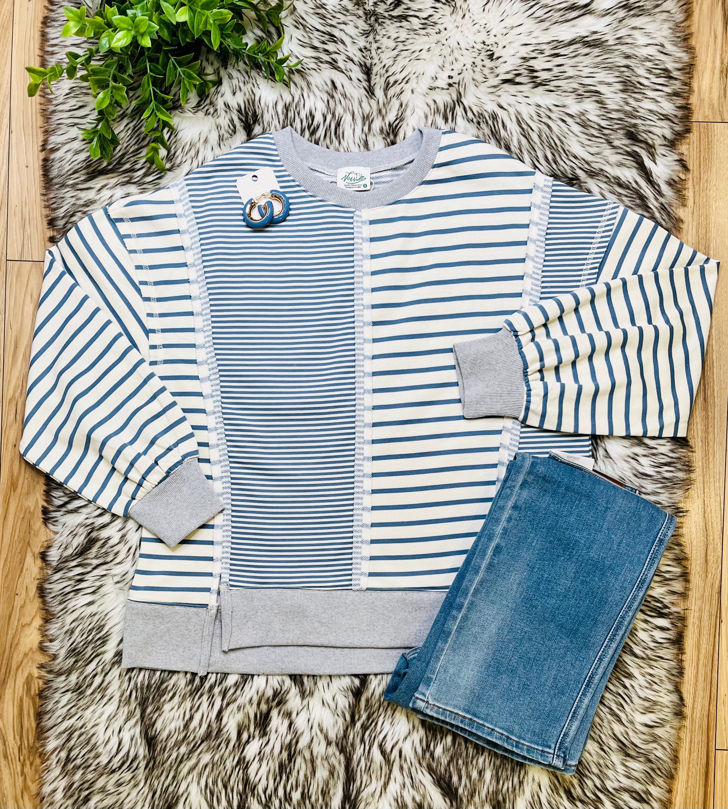 Women’s Very J Denim Blue and Cream Stripe Patch Top