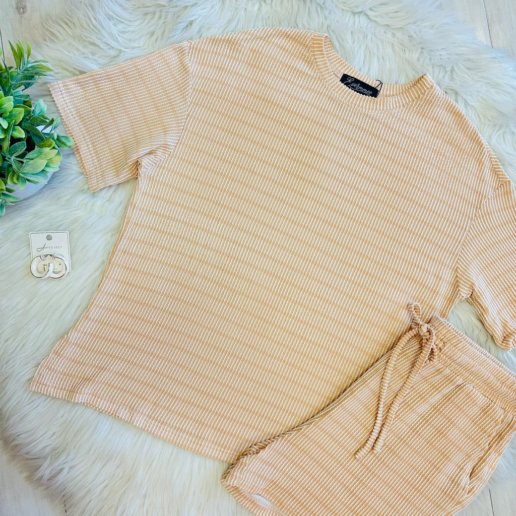 Women’s Evermmee Beige and White Stripe Ribbed Short Set